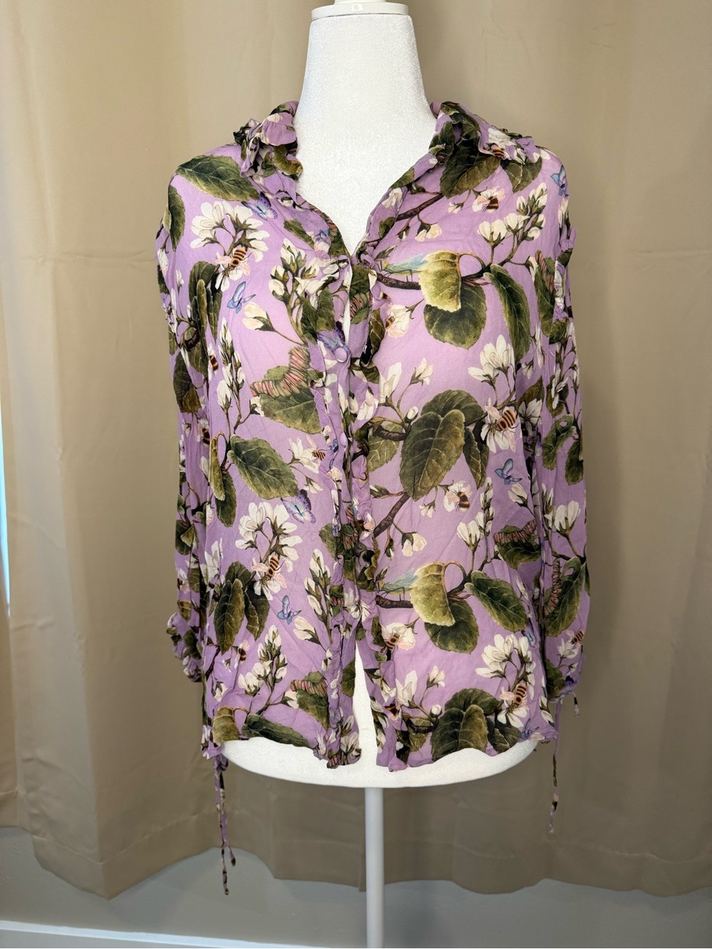 D&G style Floral Tie-Hem Button Front Blouse - Lavender